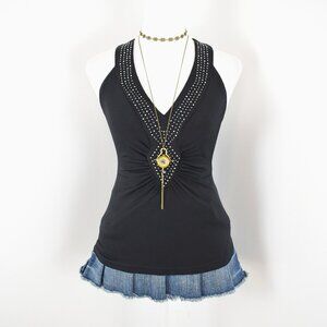 VTG 00s Y2K Mascara Black Ruched Sculpted Rhinestone V-Neck Halter Tank Top Sz M